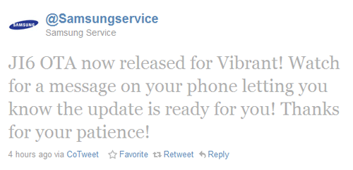 Samsung Vibrant JI6 update tweet