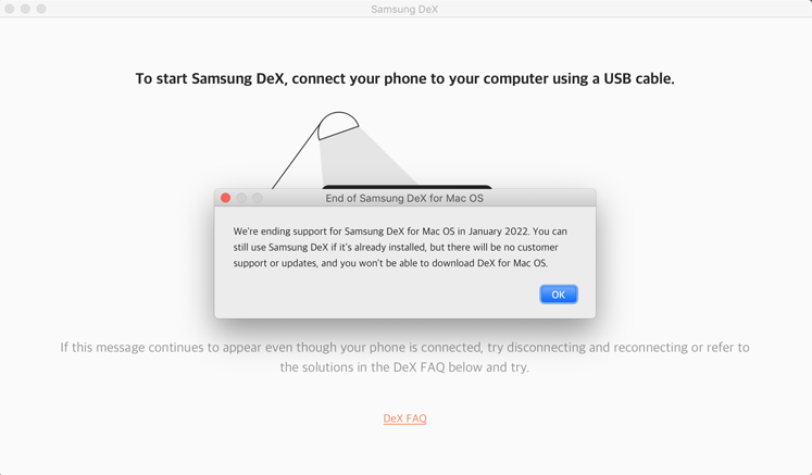 DeX for Mac OS notification